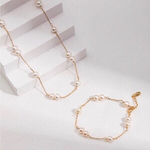 NEW REAL Pearl Sterling Silver 18k REAL goldplated Necklace Bracelet Jewelry Set